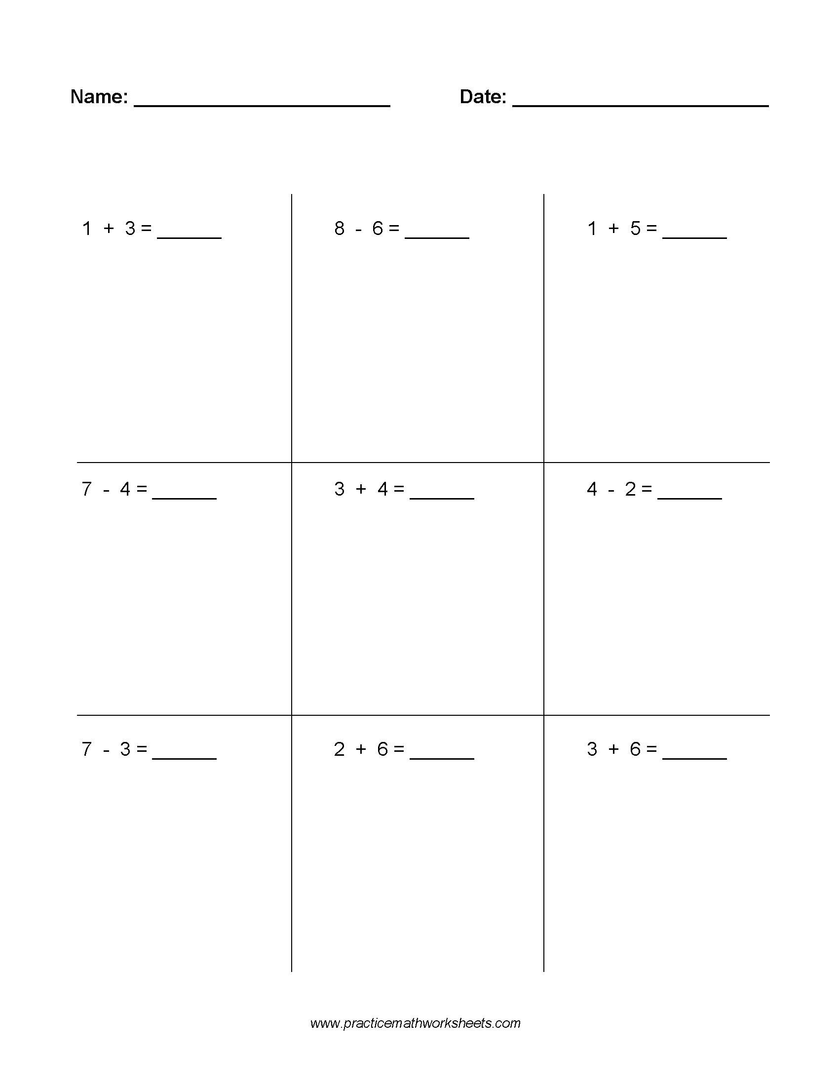 Worksheet with 9 whole number addition & subtraction problems within 10, with no regrouping