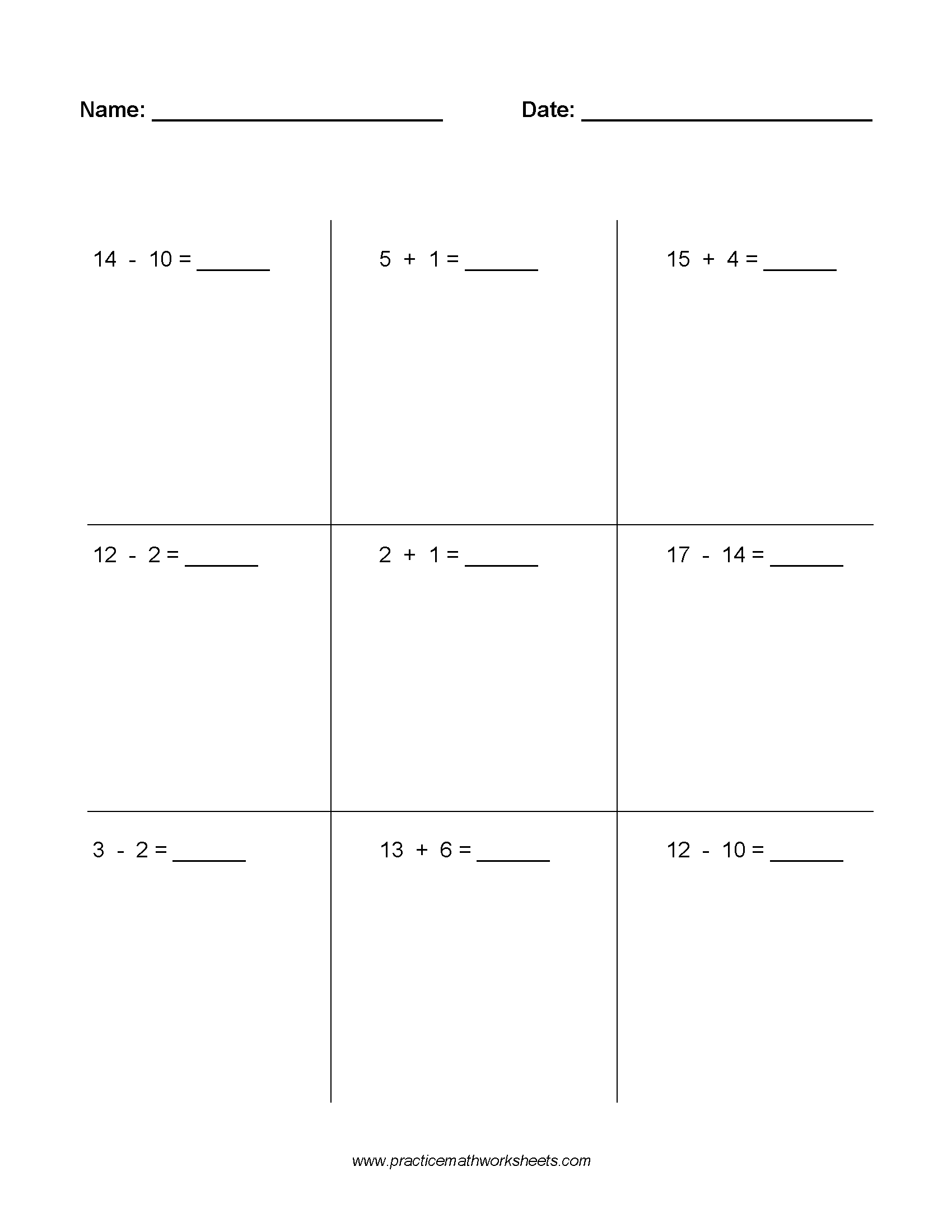 Worksheet with 9 whole number addition & subtraction problems within 20, with no regrouping