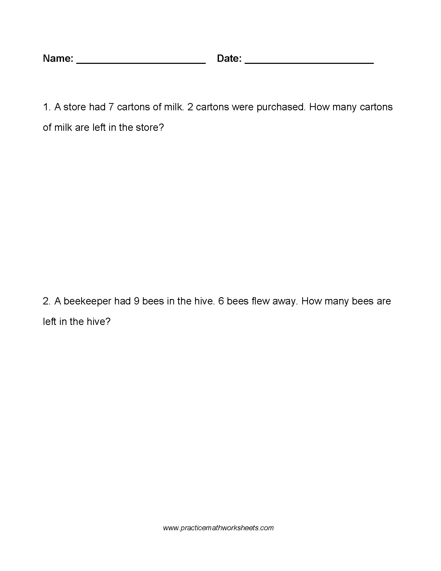 Worksheet (4 pages) with 10 whole number subtraction problems within 10