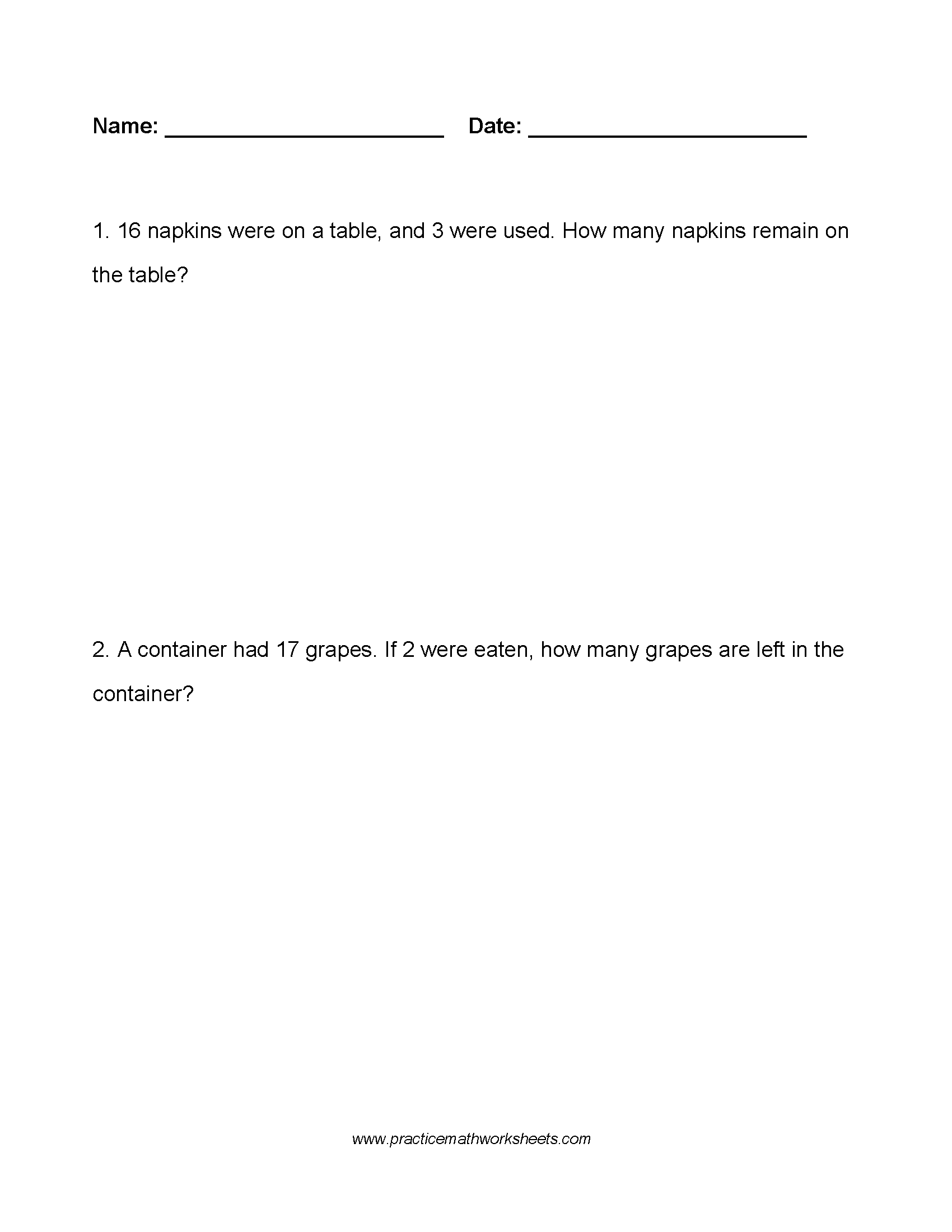 Worksheet (4 pages) with 10 whole number subtraction problems within 20