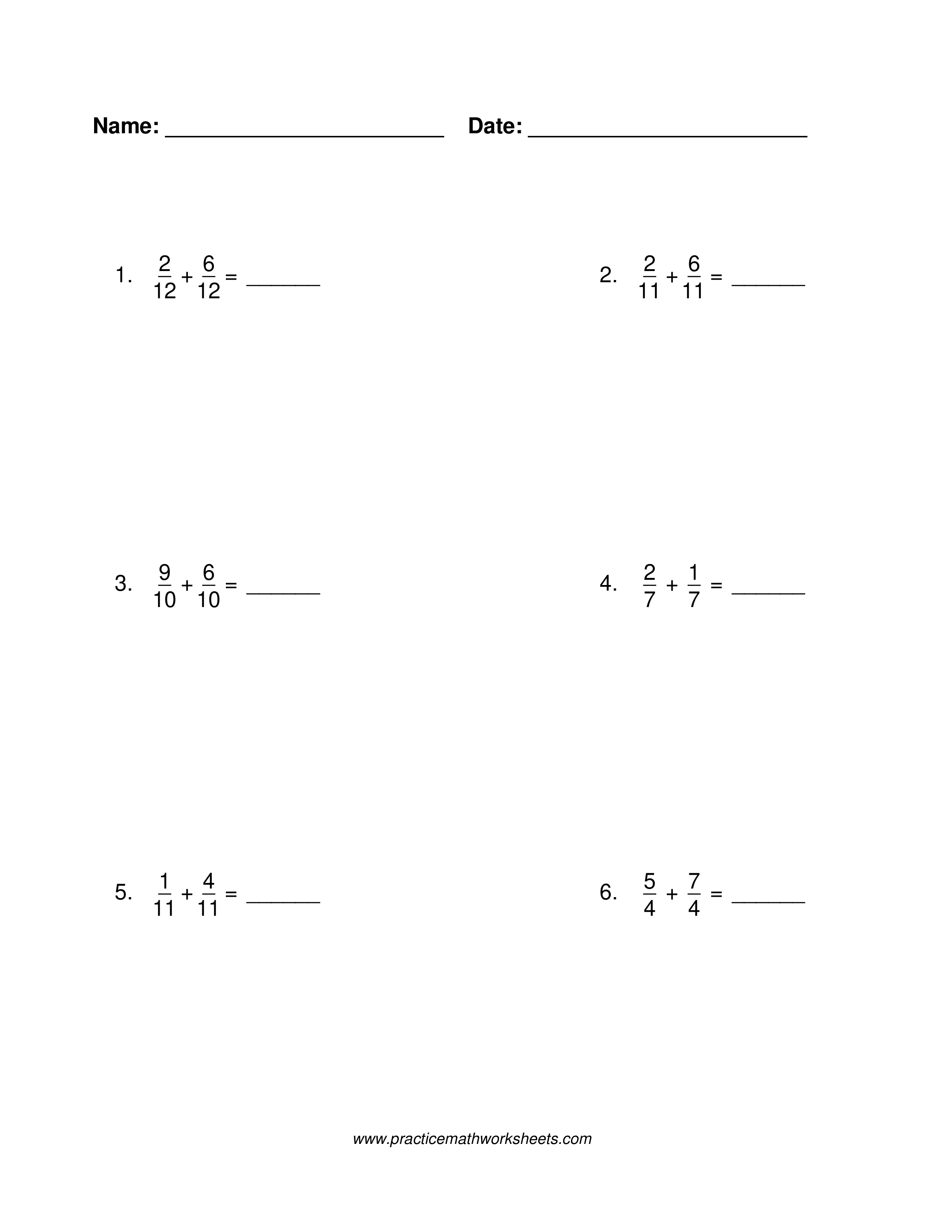 Fraction addition worksheet with common denominators and fractions greater than or equal to 1