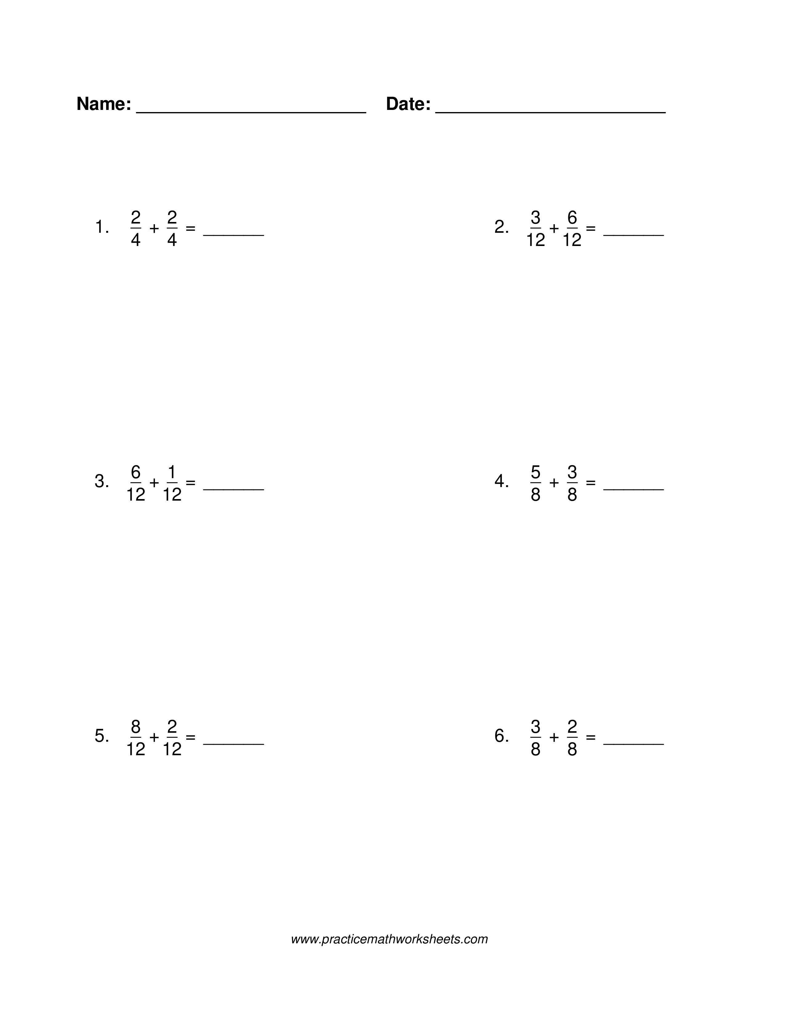 Fraction addition worksheet with common denominators and fractions less than 1