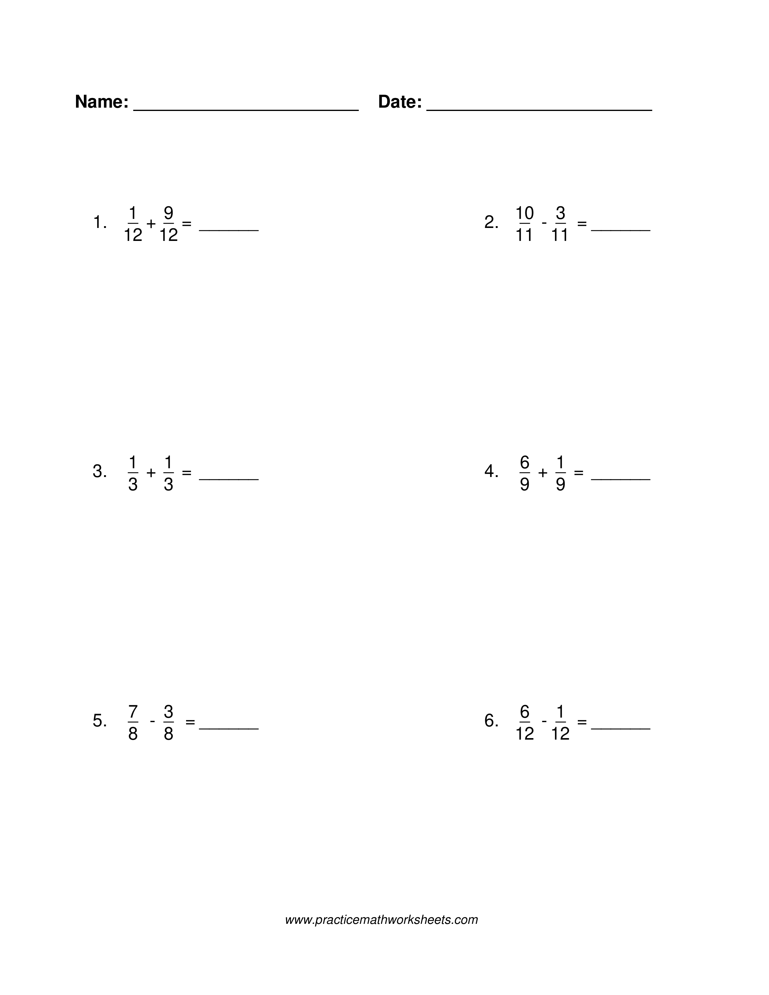 Fraction addition and subtraction worksheet with common denominators and fractions less than 1