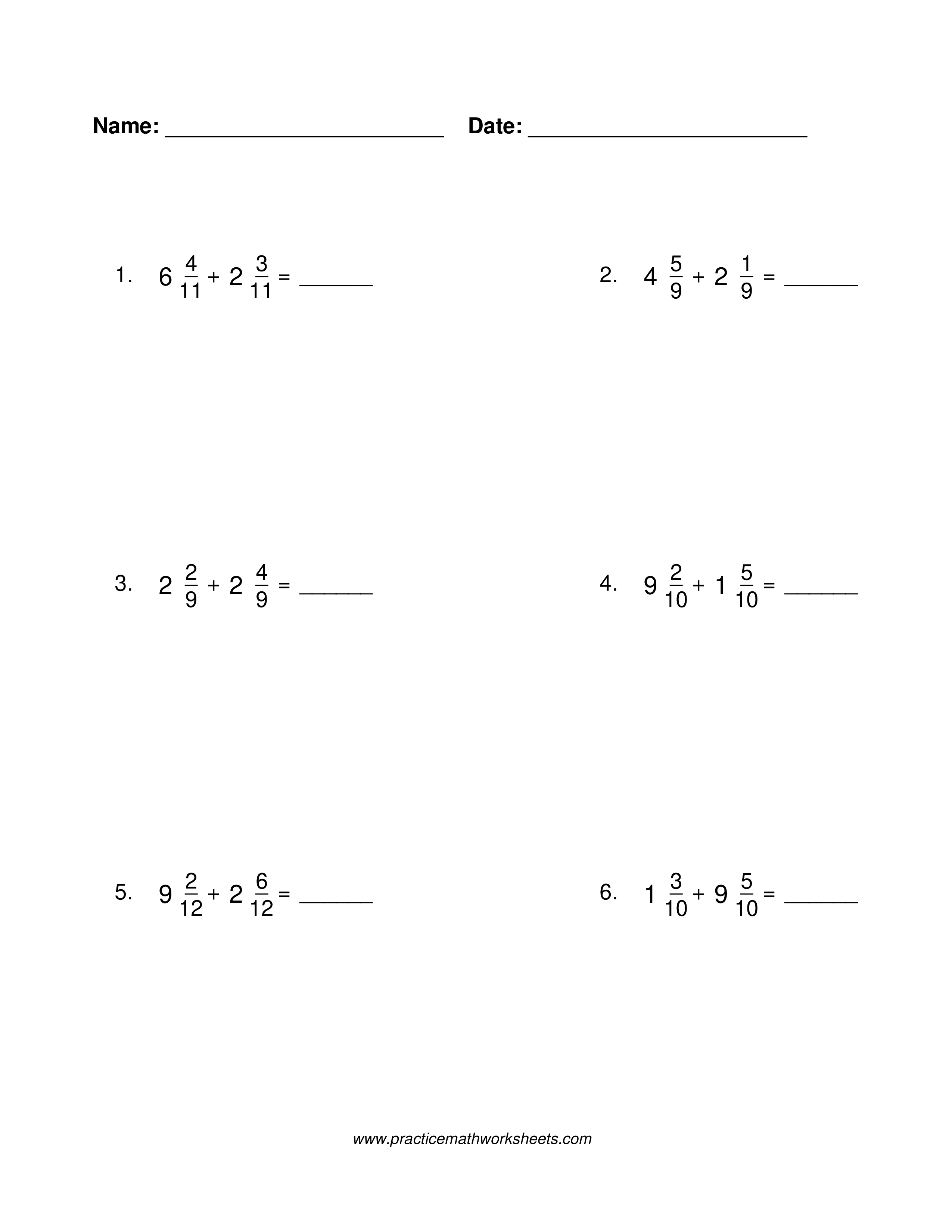 Mixed number addition worksheet with common denominators and no regrouping