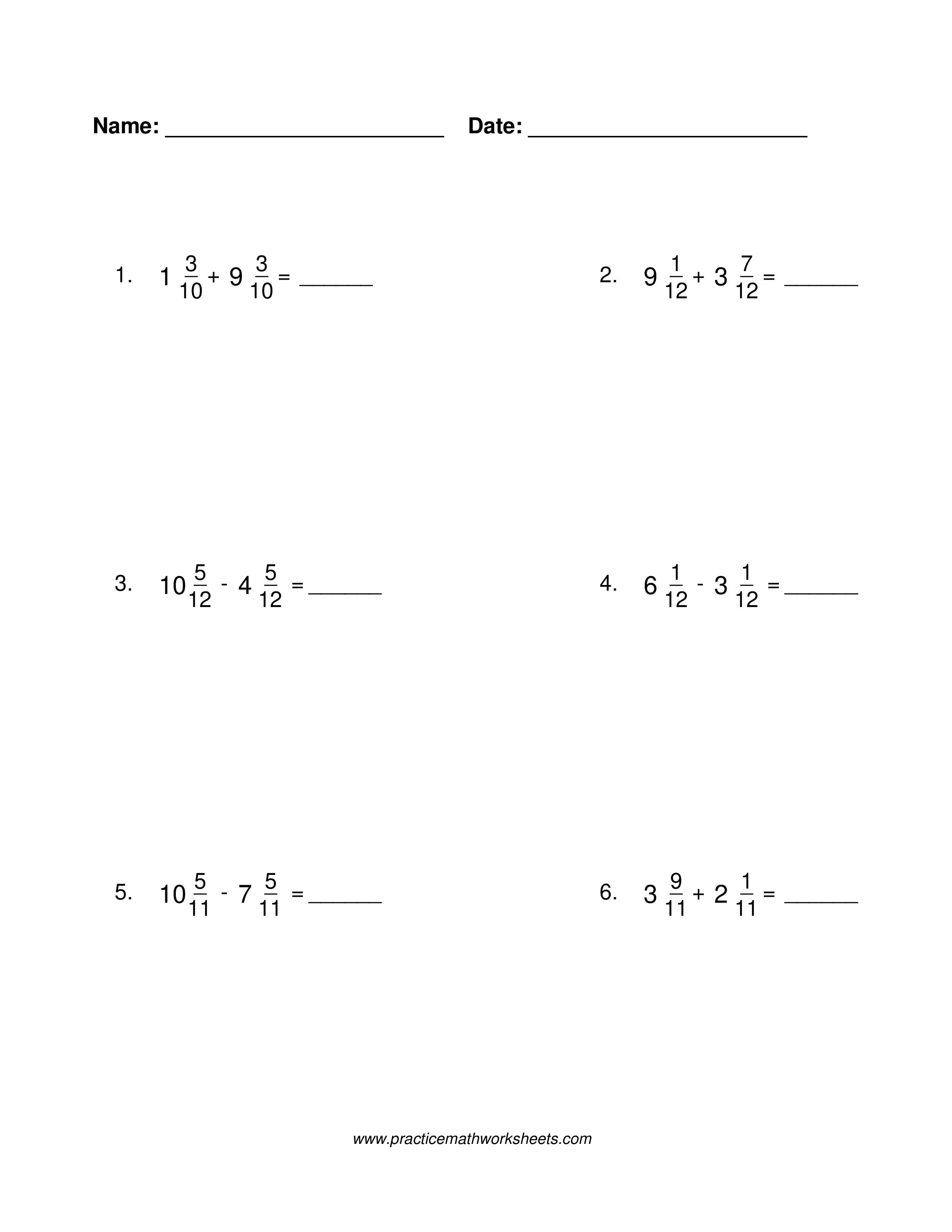 Mixed number addition and subtraction worksheet with common denominators and no regrouping