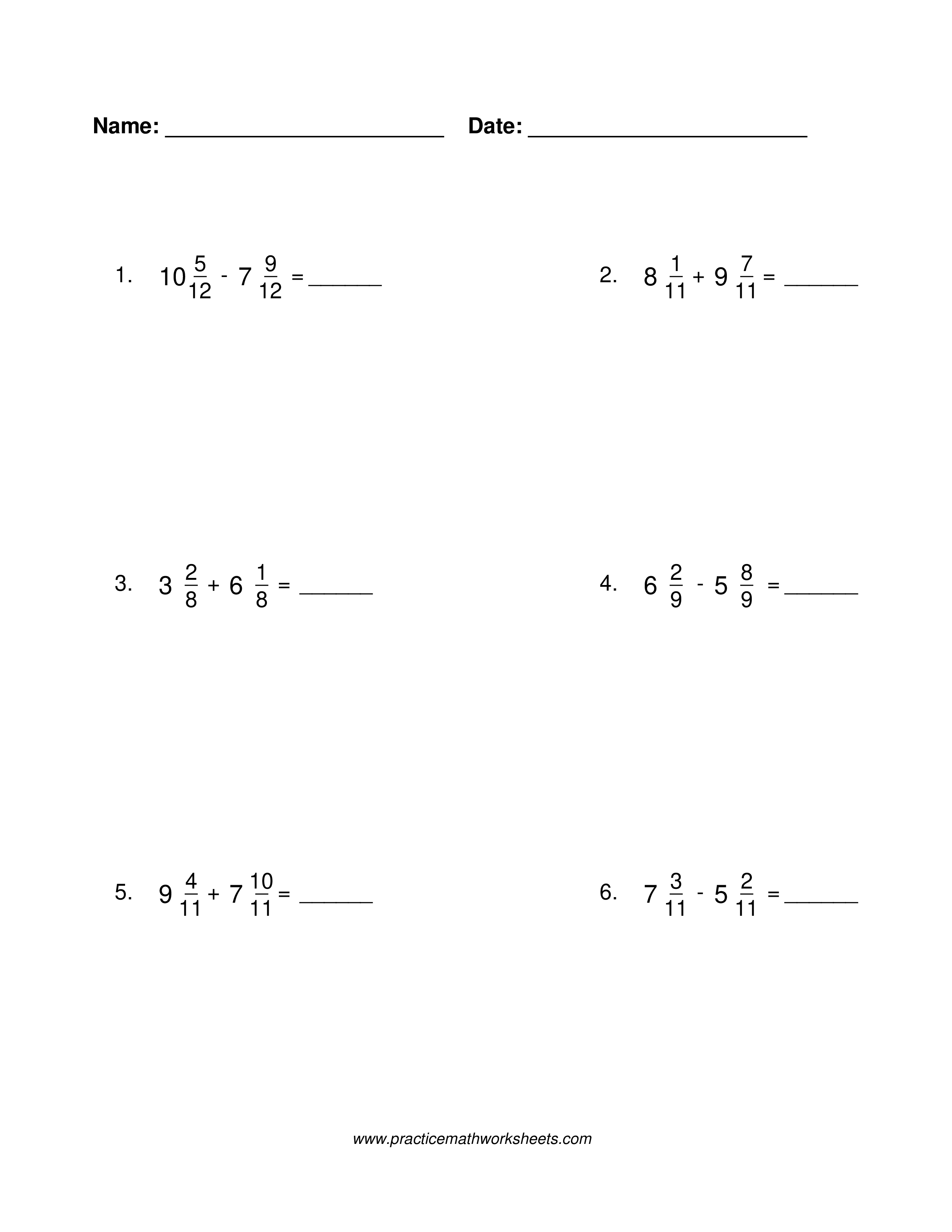 Mixed number addition and subtraction worksheet with common denominators and regrouping