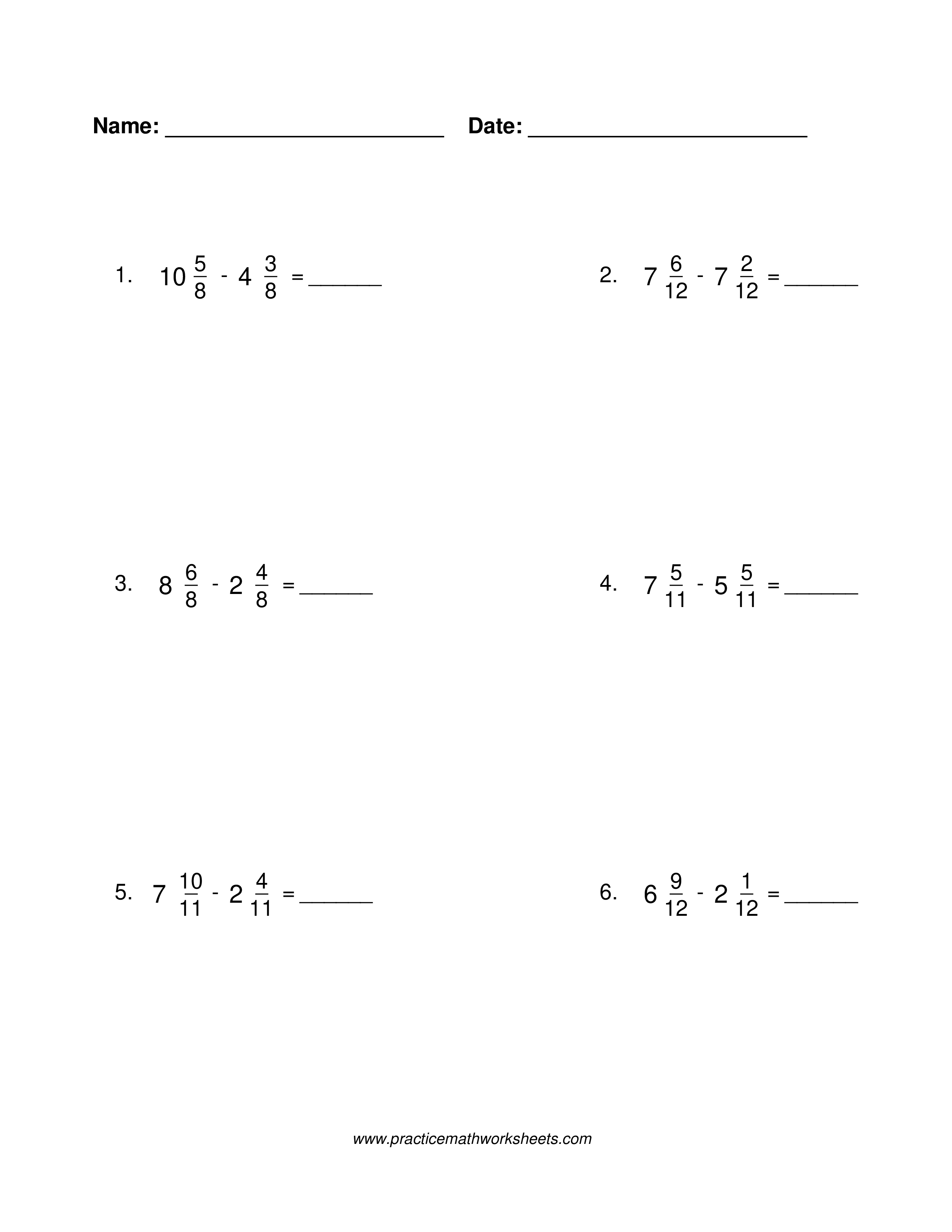 Mixed number subtraction worksheet with common denominators and no regrouping