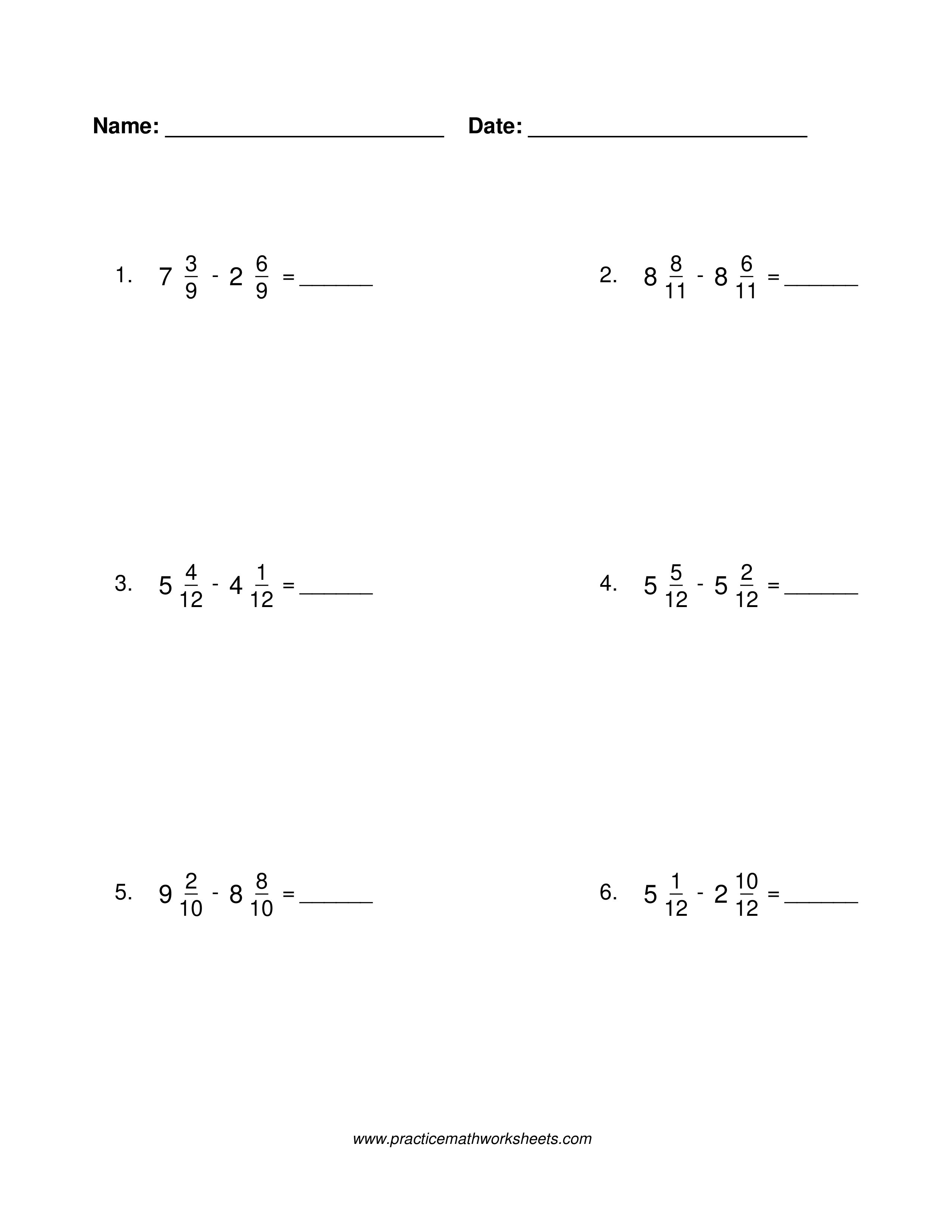 Mixed number subtraction worksheet with common denominators and regrouping