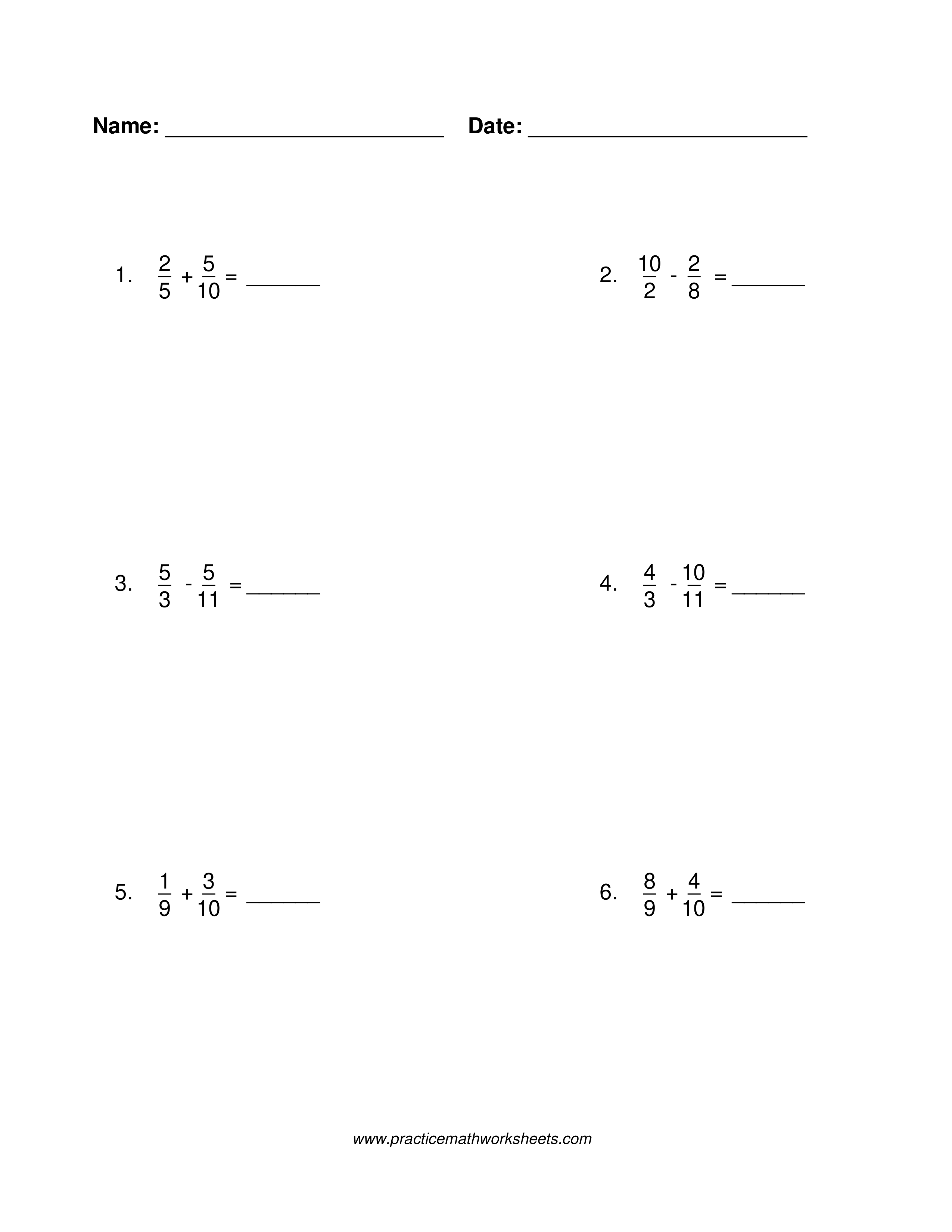 Fraction addition and subtraction worksheet without common denominators
